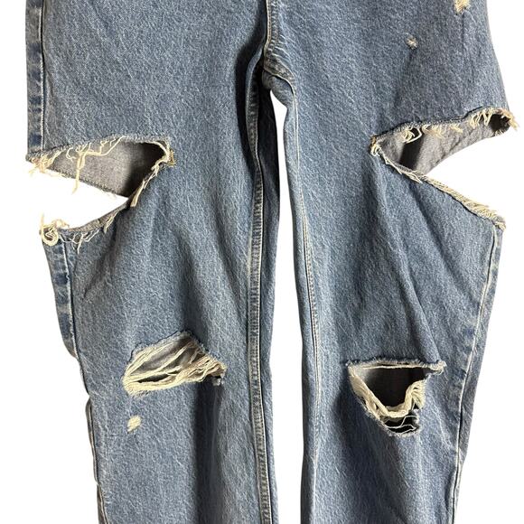 Zara Blue Denim Straight Leg High Rise Distressed Cut Destructed Jeans Size 4 - Picture 4 of 9